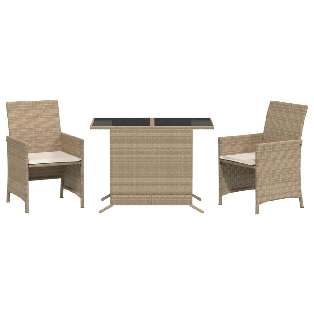 Vidaxl 3-Piece Bistro Set Beige Poly Rattan With Cushions – Weather-Resistant Patio Seating With Glass Tabletop For Garden/Backyard/Balcony