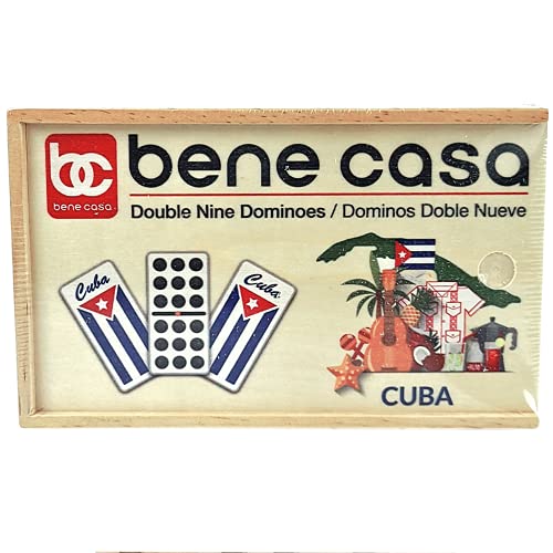 Bene Casa - Cuban Flag Design Double Nines Dominoes Set (55 Dominoes) - Ideal For 2-10 Players - Includes Wooden Storage Box