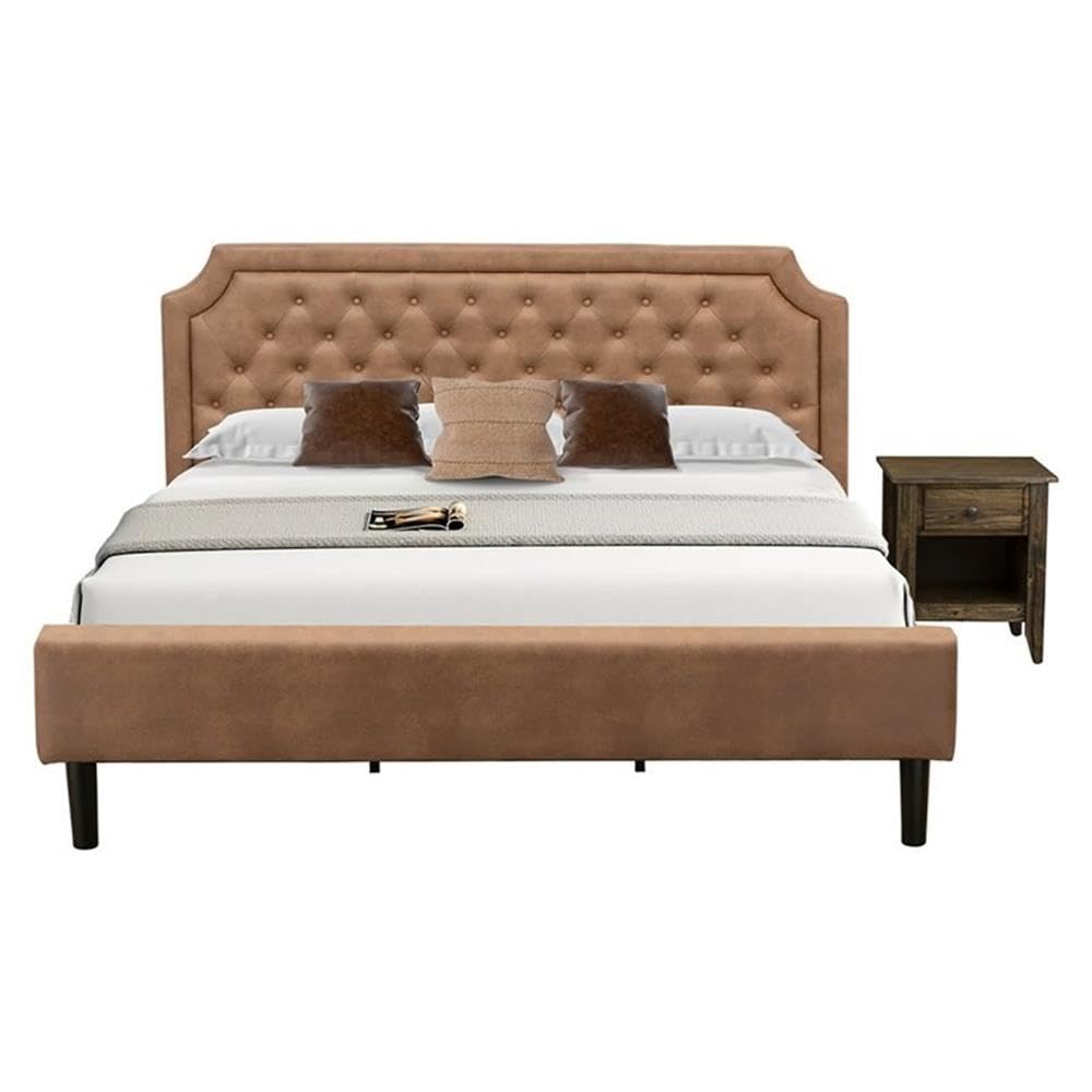 GB28K-1GA07 2-Piece Platform Bedroom Set with Button Tufted King Frame and 1 Distressed Jacobean End Table - Brown Faux Leather with Brown Texture and Black Legs