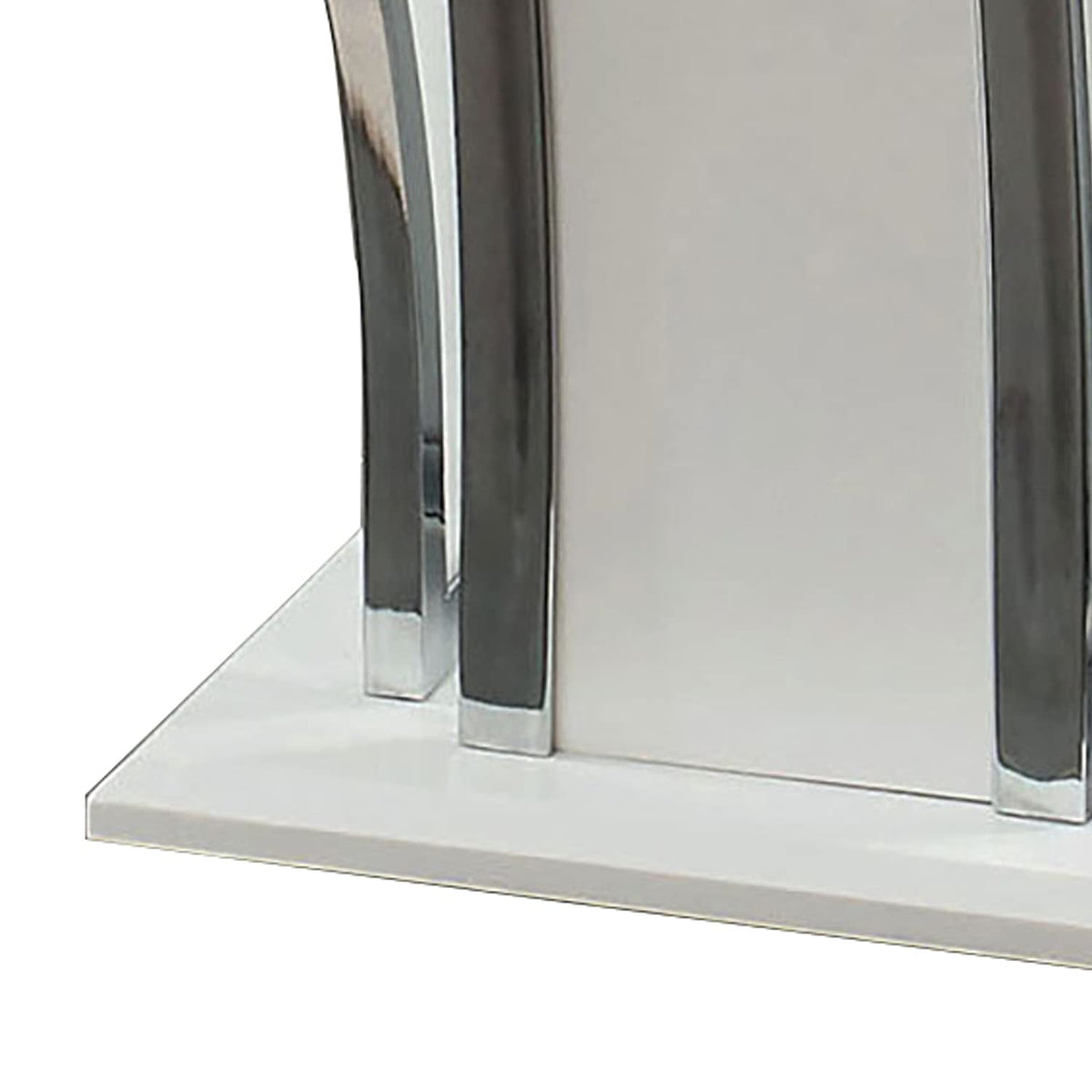 Benjara Chrome Trim Flared Base End Table With Glass Top, White And Silver