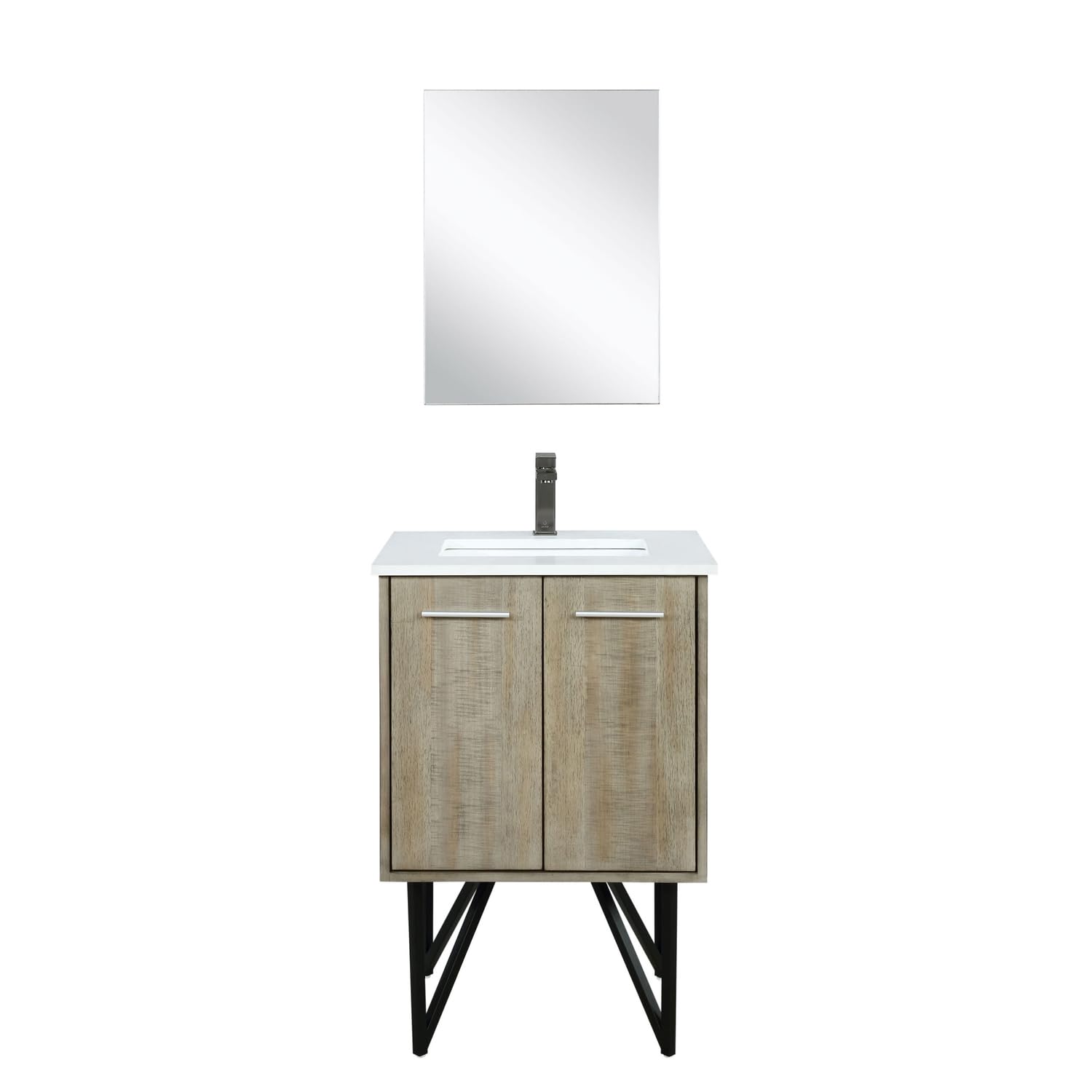 Rustic Acacia Bath Vanity 24 in. W x 20 in. D, White Quartz Top, Gun Metal Faucet Set and 18 in. Mirror