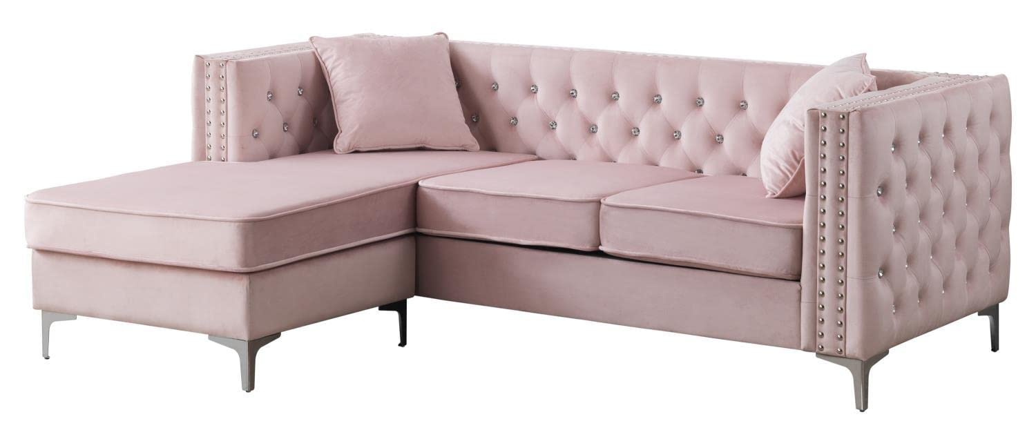 Paige 87 in. Pink Velvet L-Shape 3-Seater Sofa with 2-Throw Pillow