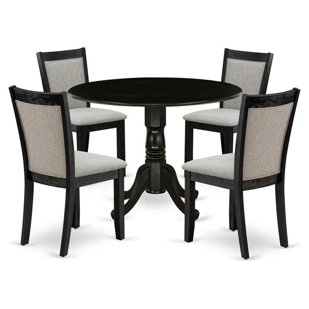 East West Furniture 5-Pc Dinette Set Contains a Pedestal Table with Drop Leaves and 4 Shitake Linen Fabric Parson Dining Chairs - Wire Brushed Black Finish
