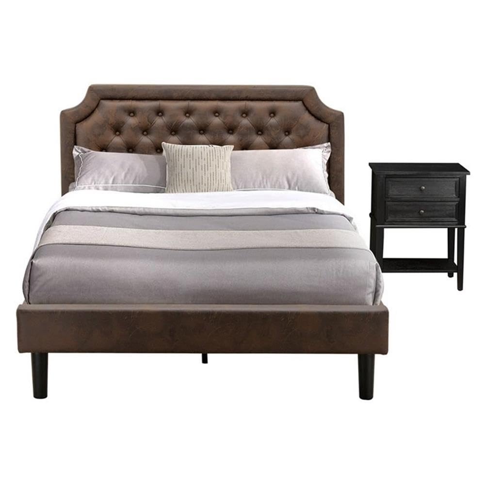 GB25Q-1VL06 2-Piece Granbury Bedroom Furniture Set with a Platform Bed and 1 Wire brushed Black End Tables - Dark Brown Faux Leather with Black Texture and Black Legs