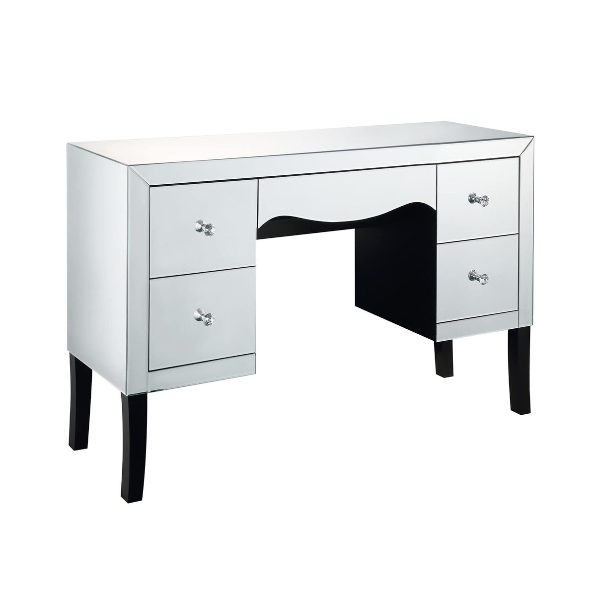 Benjara Wooden Framed Mirrored Vanity Desk With Four Drawers And Wavy Apron, Silver