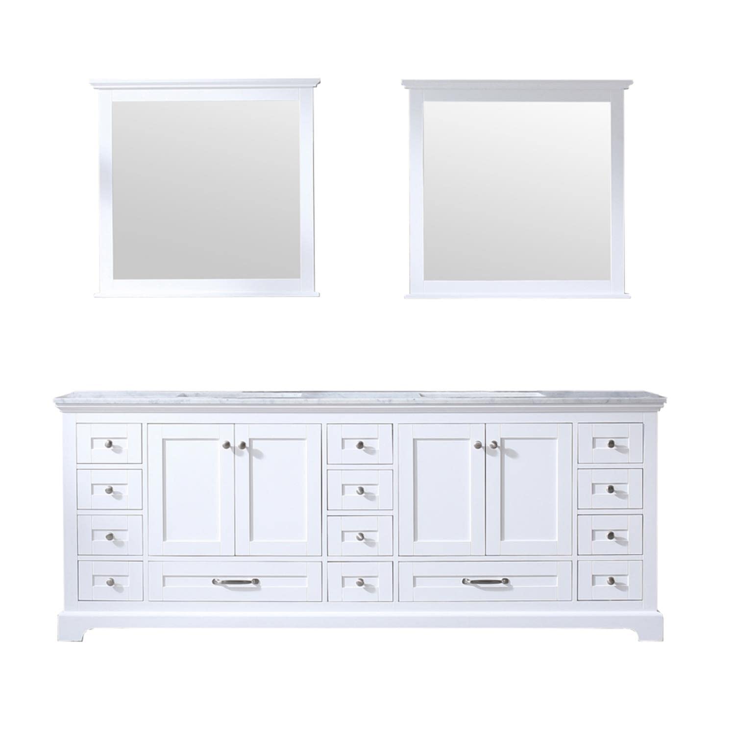 White Double Bath Vanity 84 in. W x 22 in. D, Carrara Marble Top, and 34 in. Mirrors
