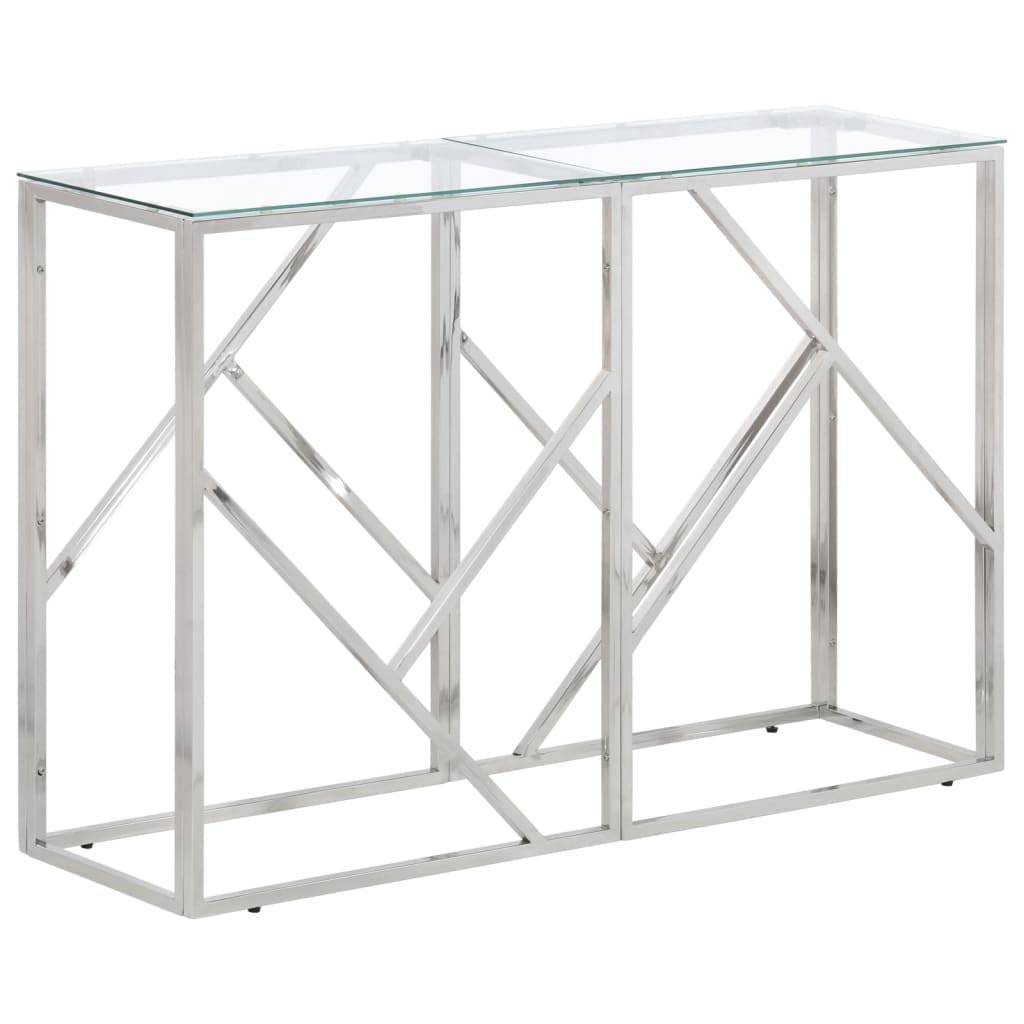 Vidaxl Silver Console Table With Tempered Glass Top - Stainless Steel Frame, Modern Design, Rectangular Sofa/Hallway Display Table 43.3'X11.8'X27.6'