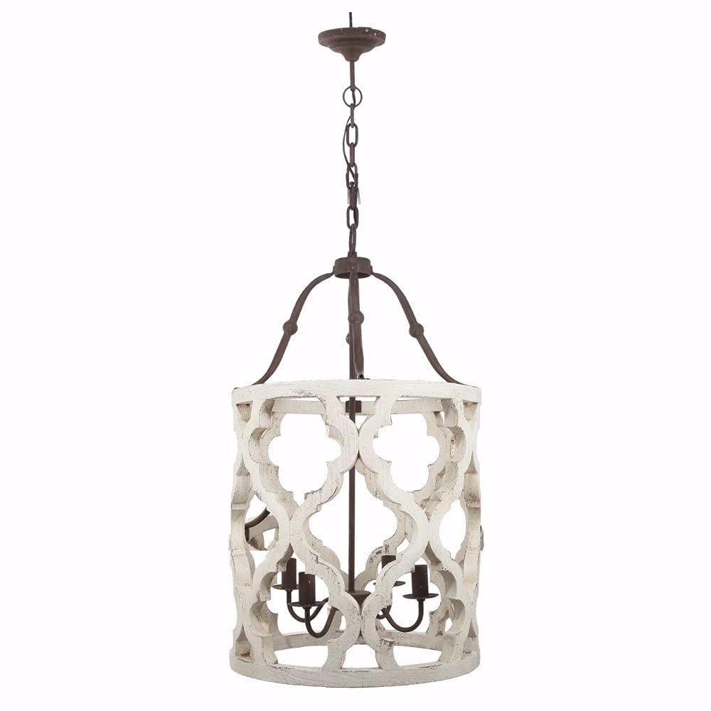 Benzara Bm154664 4 Light Wood Chandelier, White