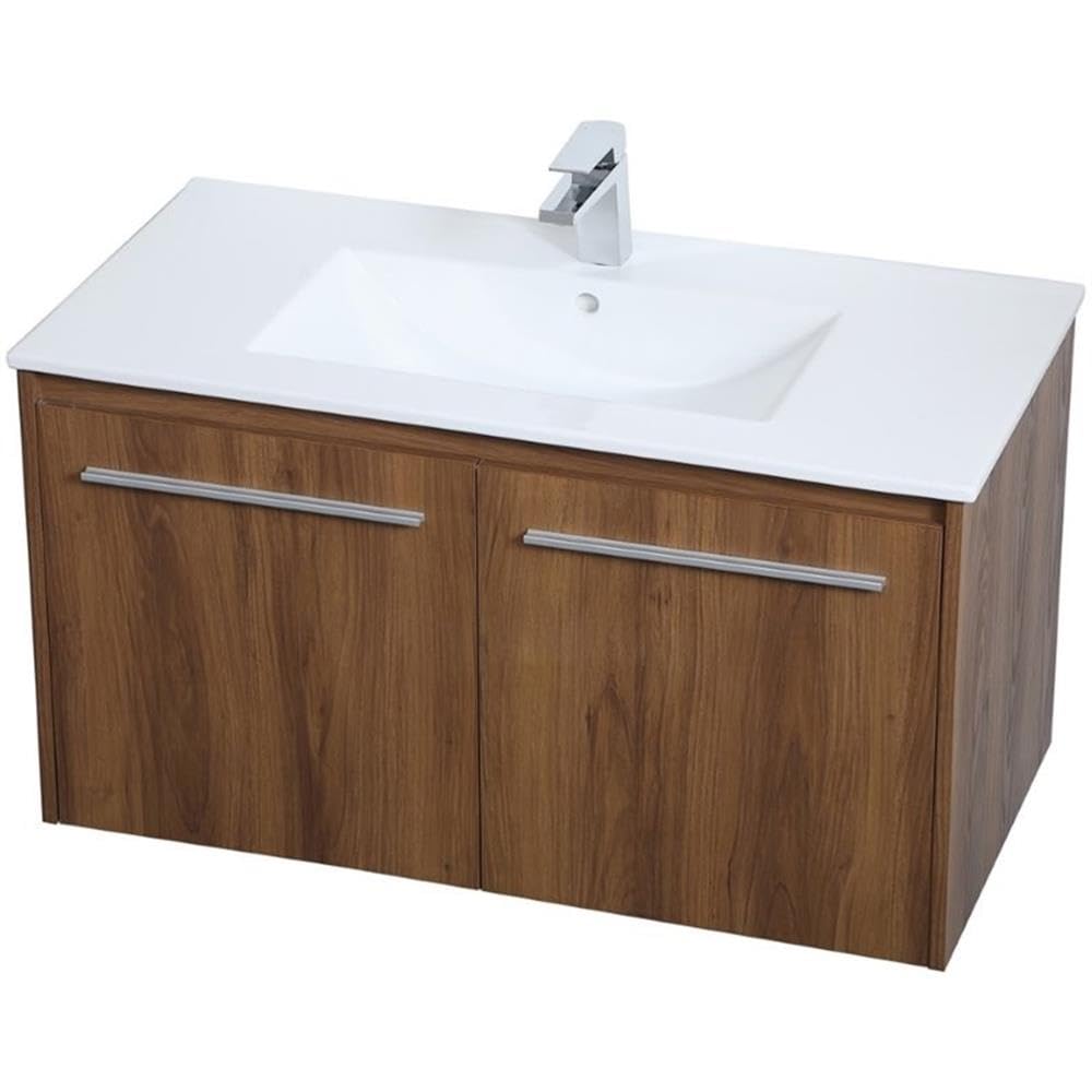 Elegant Decor Rasina 36 Single Porcelain Top Floating Bathroom Vanity In Walnut