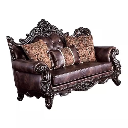 Puhi Loveseat w Accent Pillows, Brown Faux Leather, Ornate Carved 70 Inch