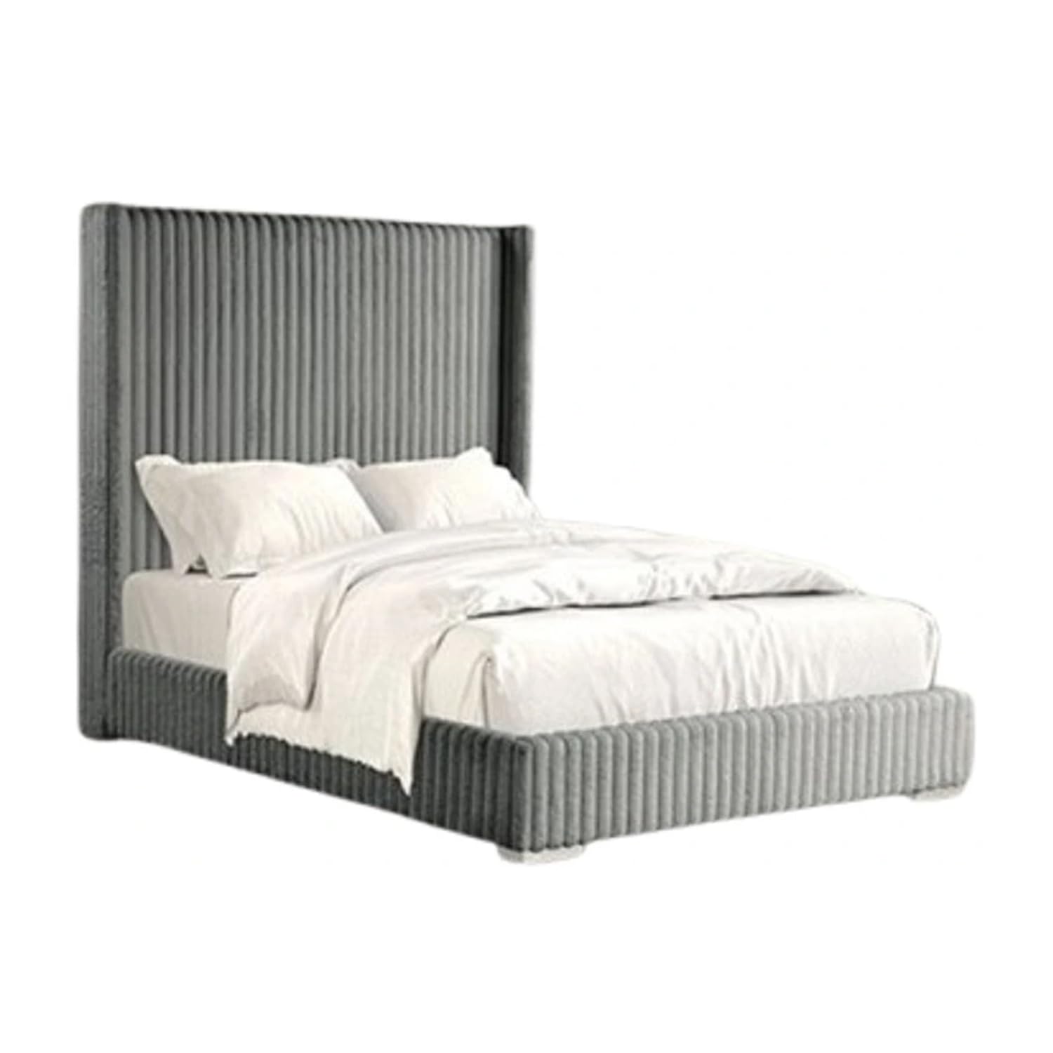 Wolo King Bed, Gray Fur Chenille Ribbed Upholstery, Wing Headboard