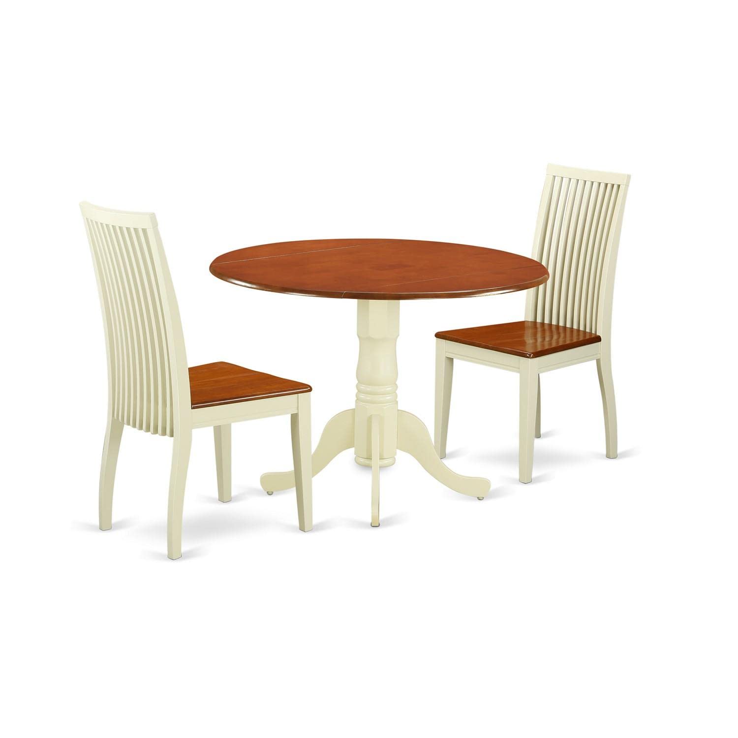 East West Furniture Dublin 3 Piece Kitchen Set Contains a Round Room Table with Dropleaf and 2 Dining Chairs, 42x42 Inch, Buttermilk & Cherry