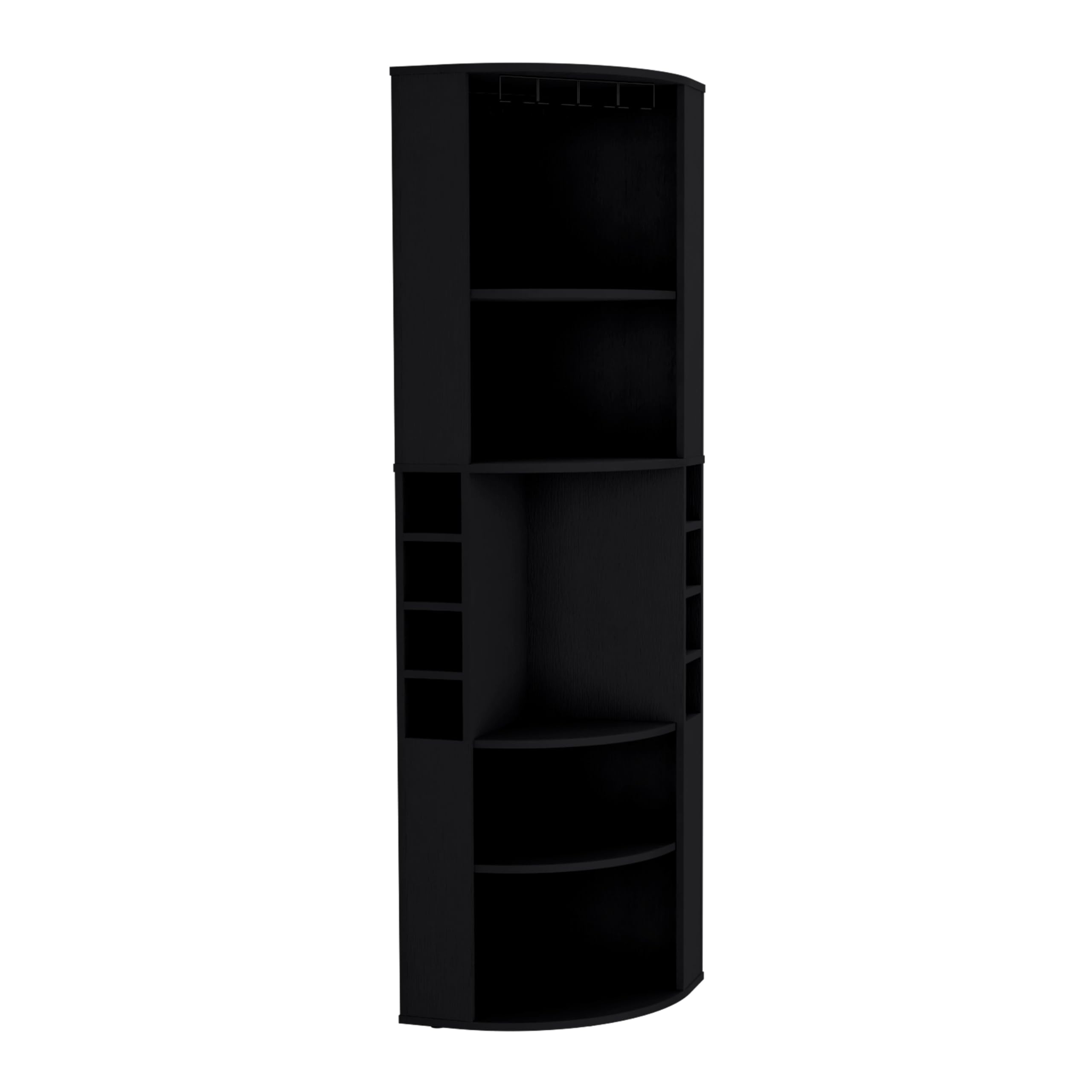 Oban Corner Bar Cabinet with Five Shelves , Eight Bottle Cubbies and Steamware Black