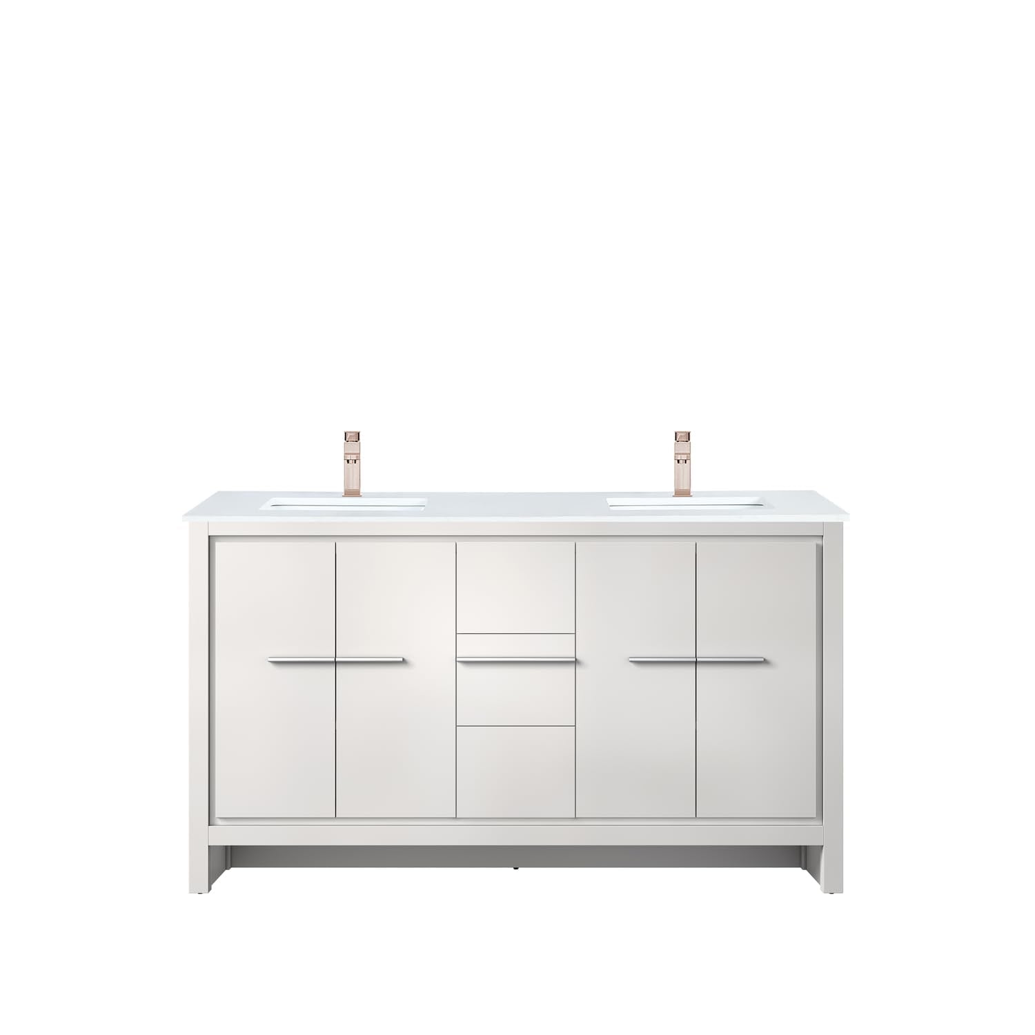 White Double Bath Vanity 60 in. W x 20 in. D, White Quartz Top and Rose Gold Faucet Set