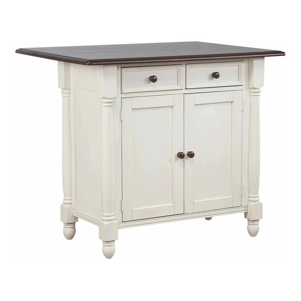 Sunset Trading Andrews Antique White Kitchen Island | Chestnut Brown Drop Leaf Top | Drawers and Cabinet