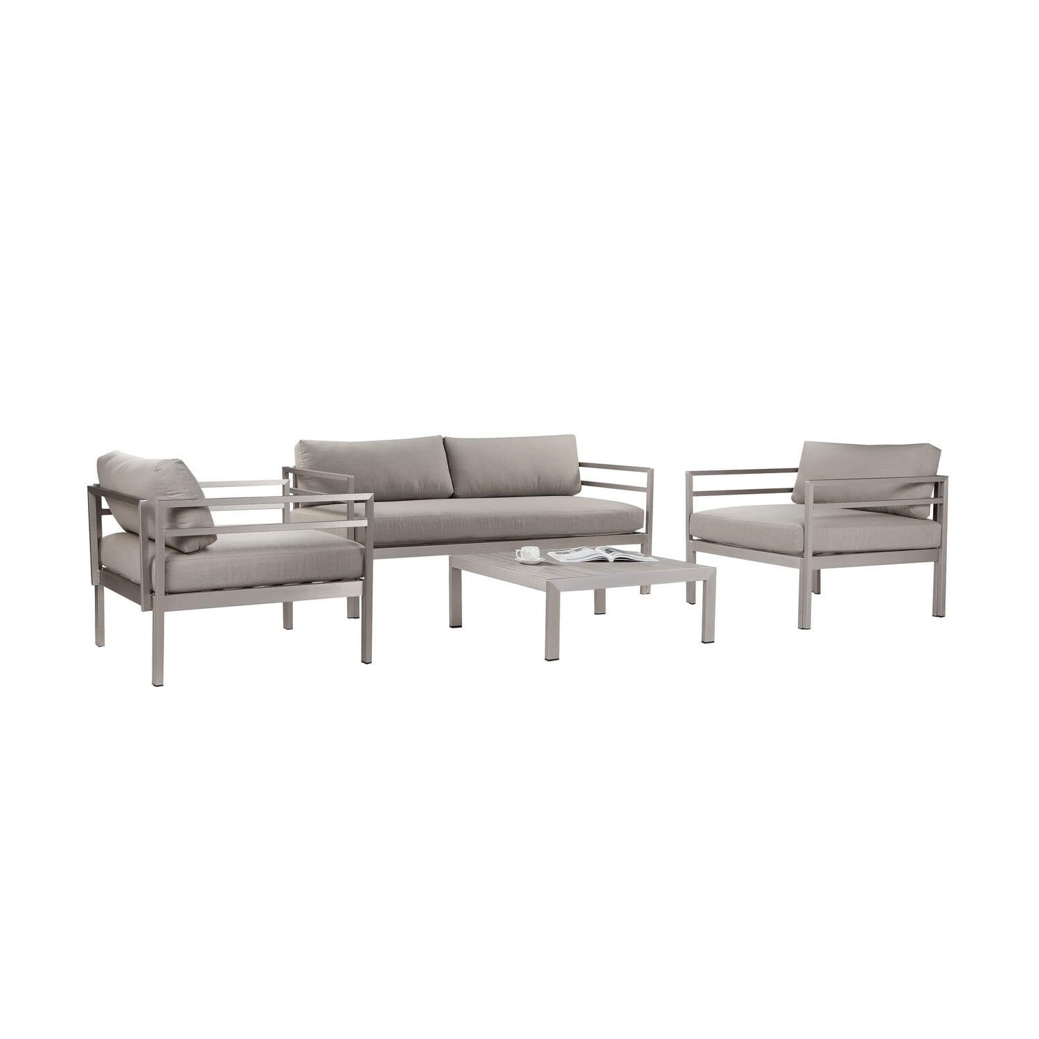 3 Piece Sectional Fabric Upholstered Sofa Set with Table, Gray and Silver