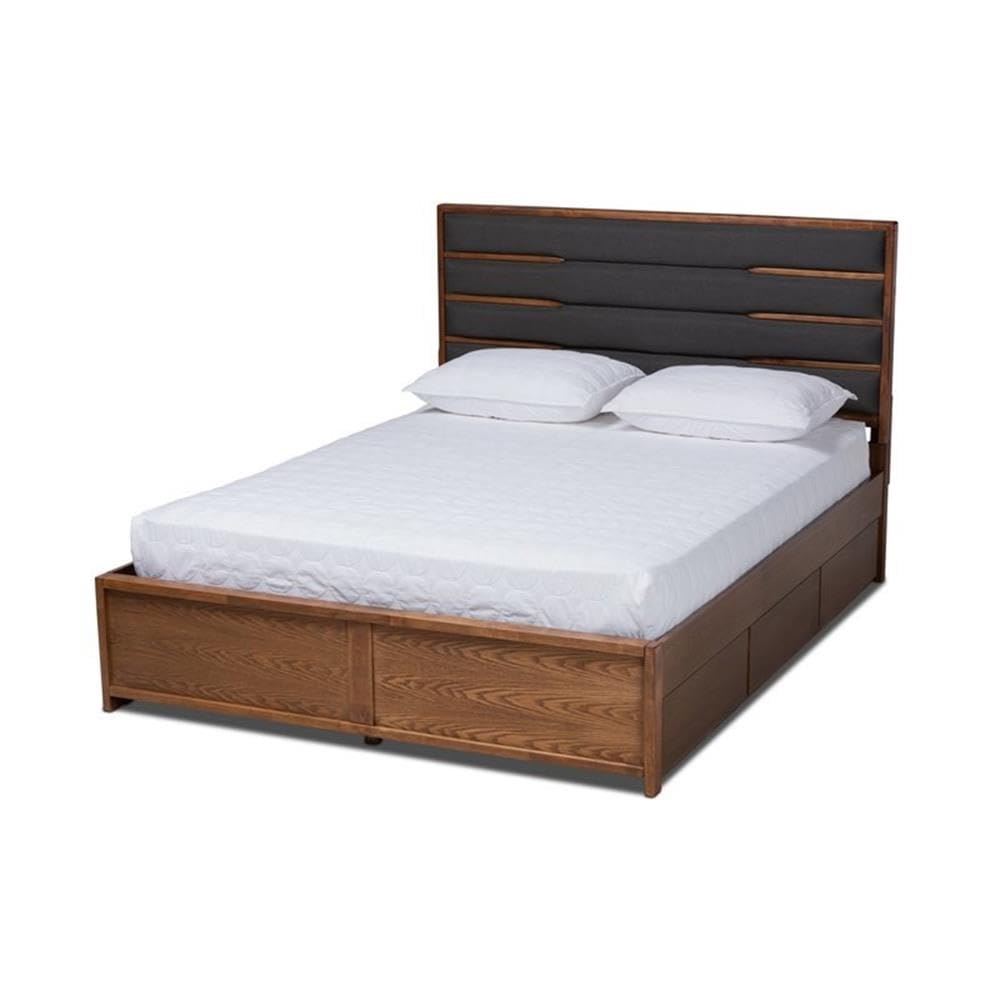 Baxton Studio Elin Modern And Contemporary Dark Grey Fabric Upholstered Walnut Finished Wood King Size Platform Storage Bed With Six Drawers