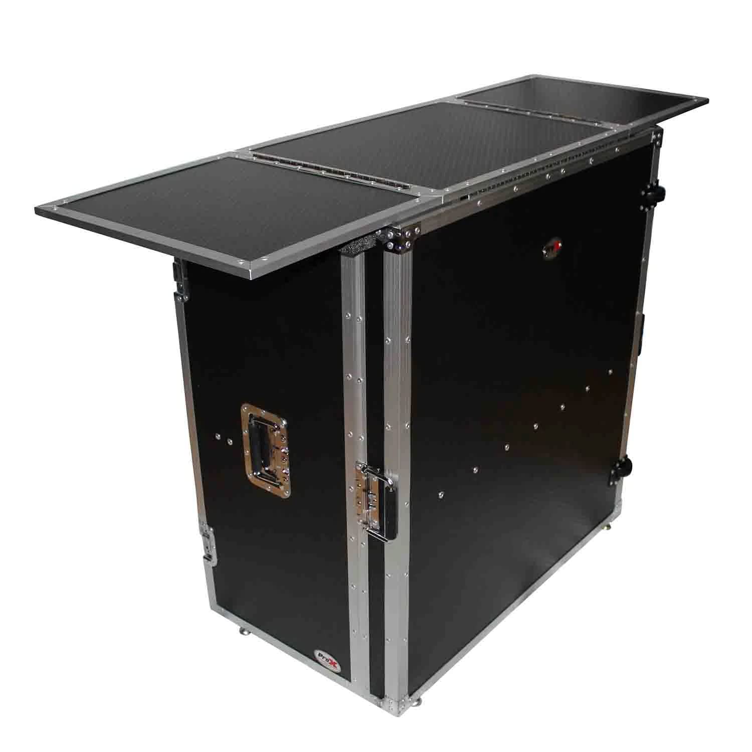 Prox Xs-Djstn Flight Case Style Folding Dj Table And Workstation With Smooth Rolling Wheels