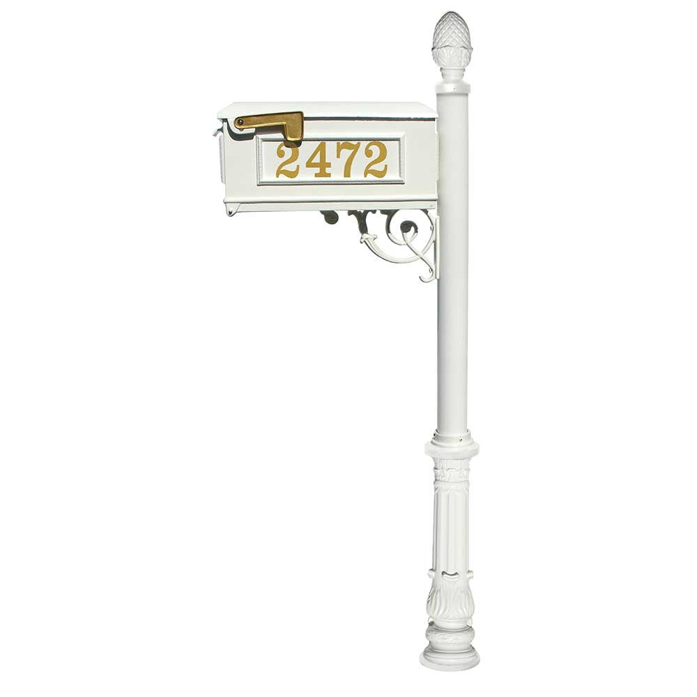 Lewiston Equine Mailbox Post System with decorative ornate base, pineapple finial and Gold Vinyl personalized numbers , White