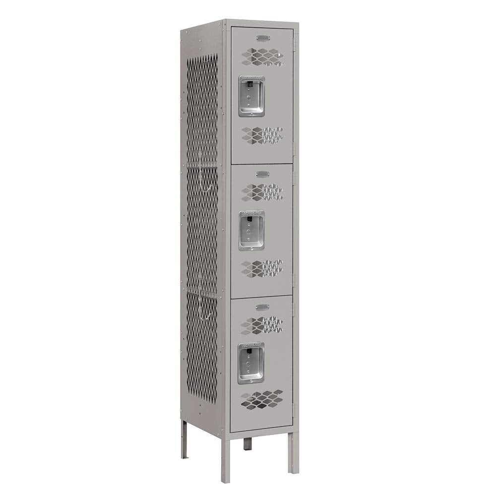12 Wide Triple Tier Vented Metal Locker - 1 Wide - 5 Feet High - 15 Inches Deep - Gray - Assembled