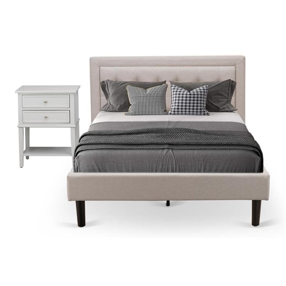 FN08F-1VL14 2-Pc Platform Bedroom Set with 1 Full Size Bed Frame and a Night Stand - Reliable and Durable Manufacturing - Mist Beige Linen Fabric