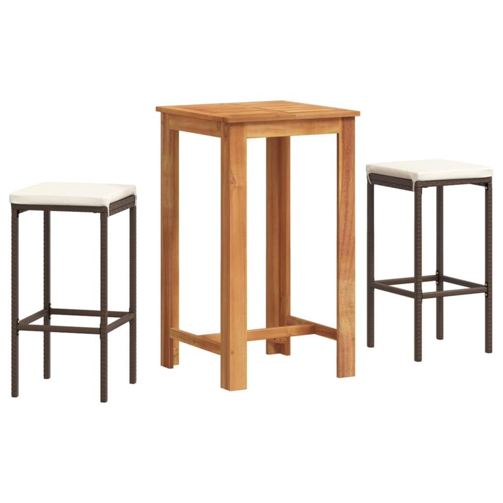 Vidaxl 3-Piece Patio Bar Set - Brown Acacia Wood & Poly Rattan With Cushions, Square Table For Garden/Outdoor Lounge