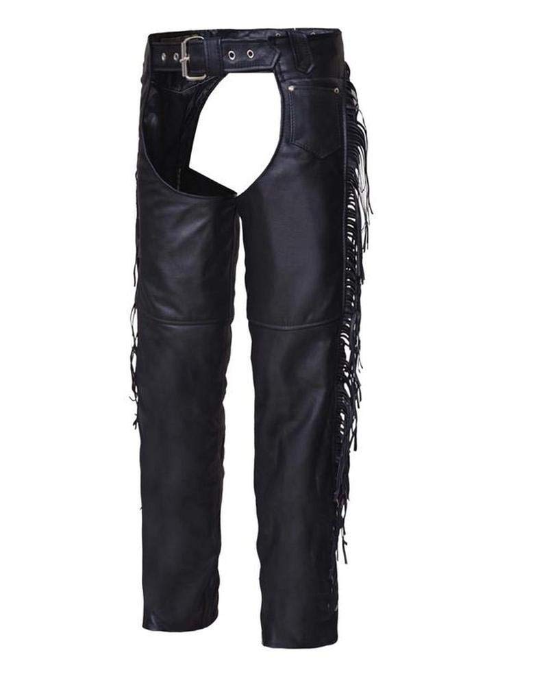Unisex Premium Leather Coin Pocket Motorcycle Chaps with Finges,Black,Size - 3XS