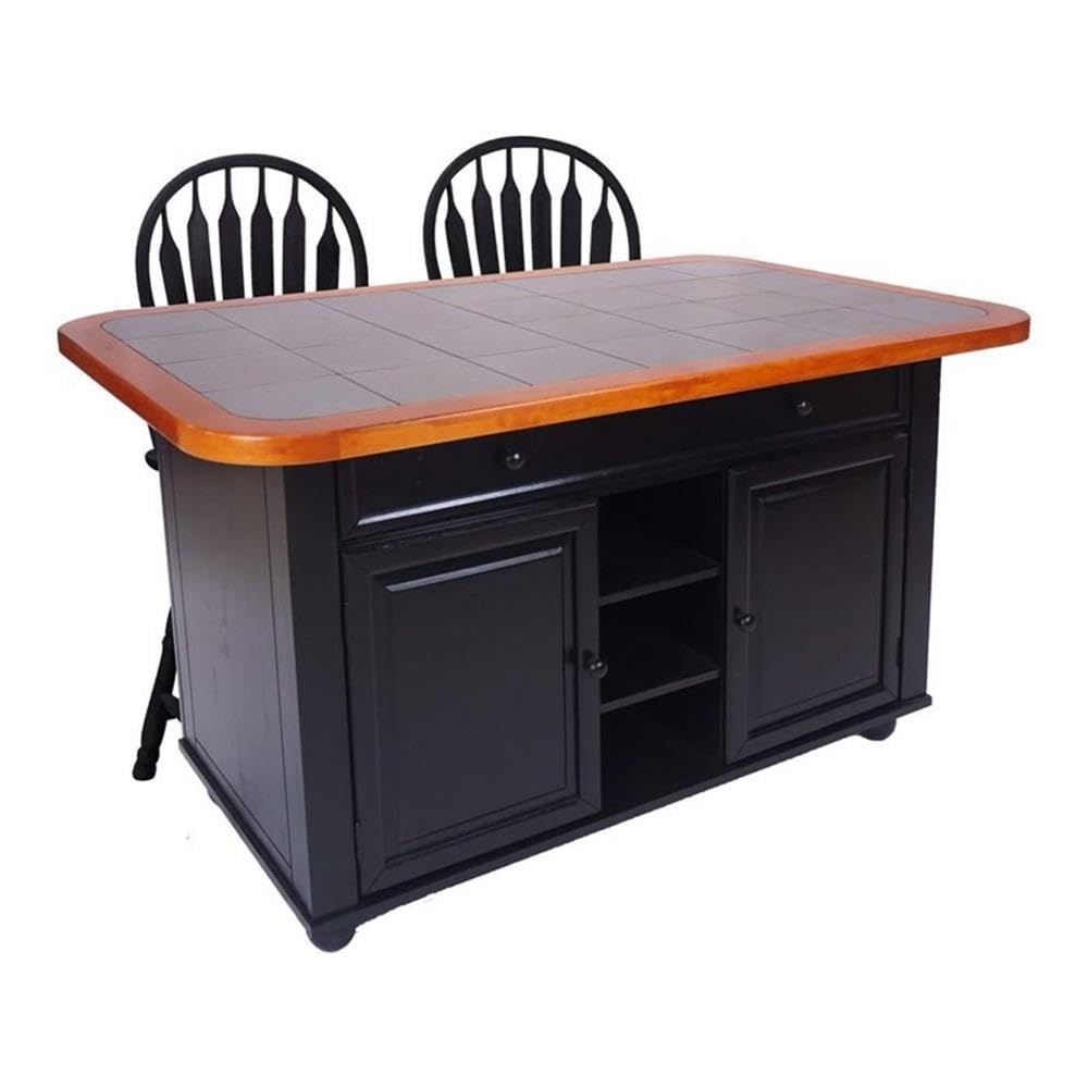 Sunset Trading 3 Piece Antique Black Kitchen Island Set | Gray Tile Top