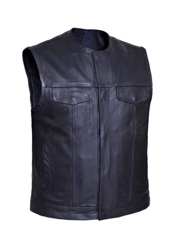 Mens Premium SOA Style Collarless Motorcycle Club Vest,Black,Size - XL