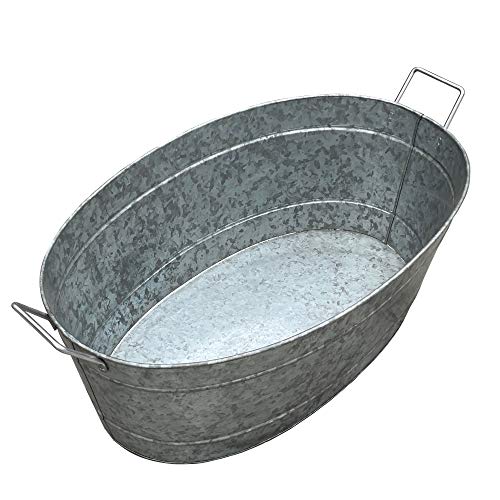 Benjara Embossed Design Oval Shape Galvanized Steel Tub With Side Handles, Large, Silver