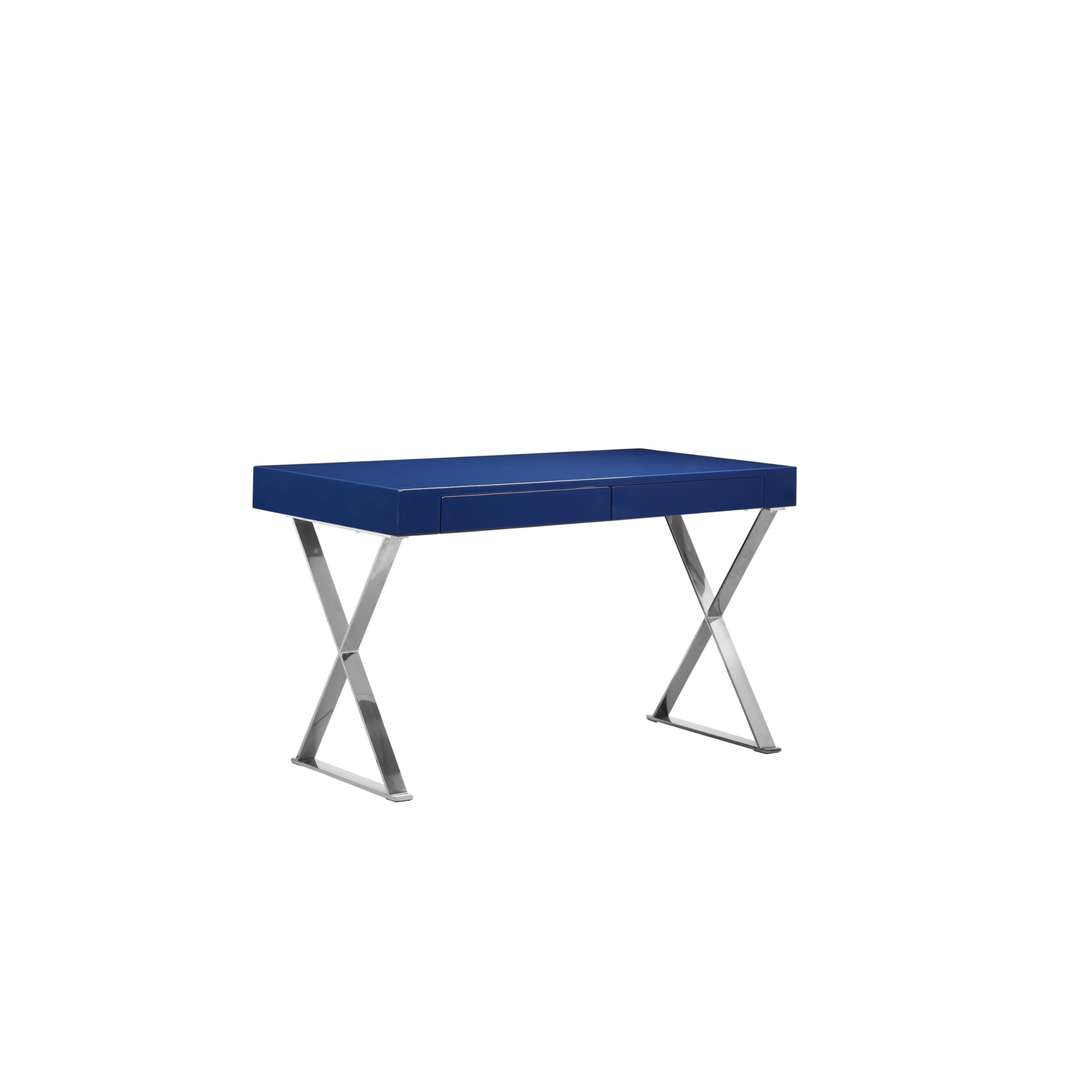 Rix 47 Inch Office Desk, Navy Wood Top, 2 Drawers, X Polished Steel Legs