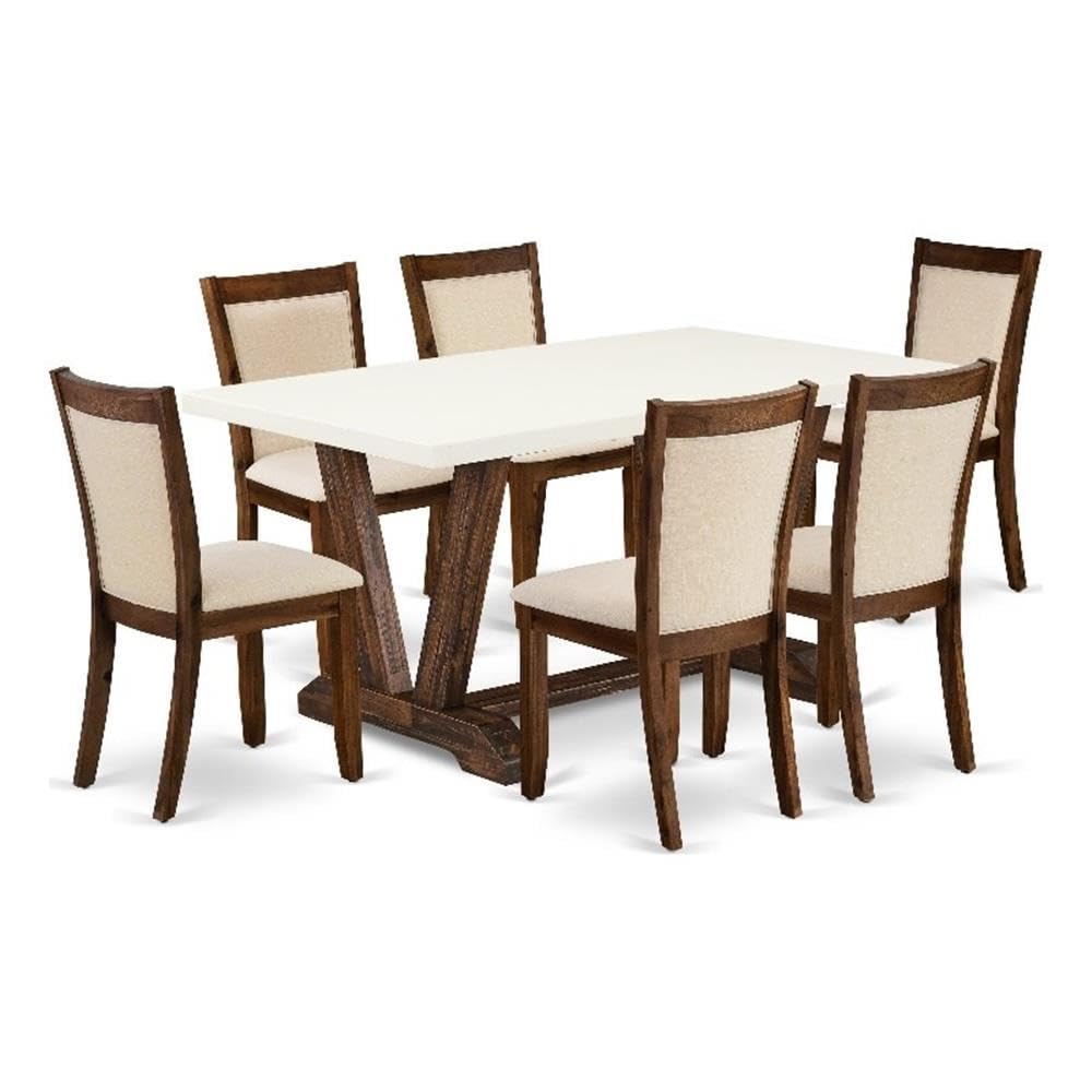 East West Furniture - V726MZN32-7 - 7-Pc Dining Table Set - A Dining Table with Linen White Top and 6 Light Beige Linen Fabric Modern Dining Chairs with Stylish Back (Distressed Jacobean Finish)
