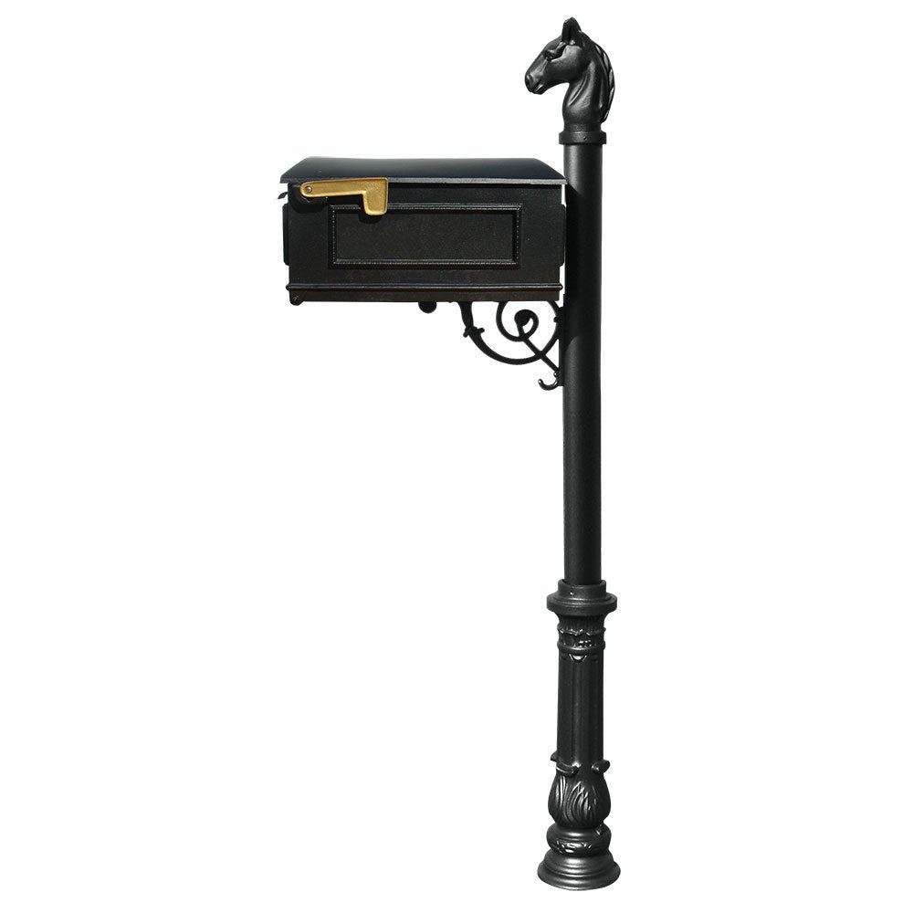 Lewiston Equine Mailbox post system with ornate base and horsehead finial (no address plates or numbers), Black