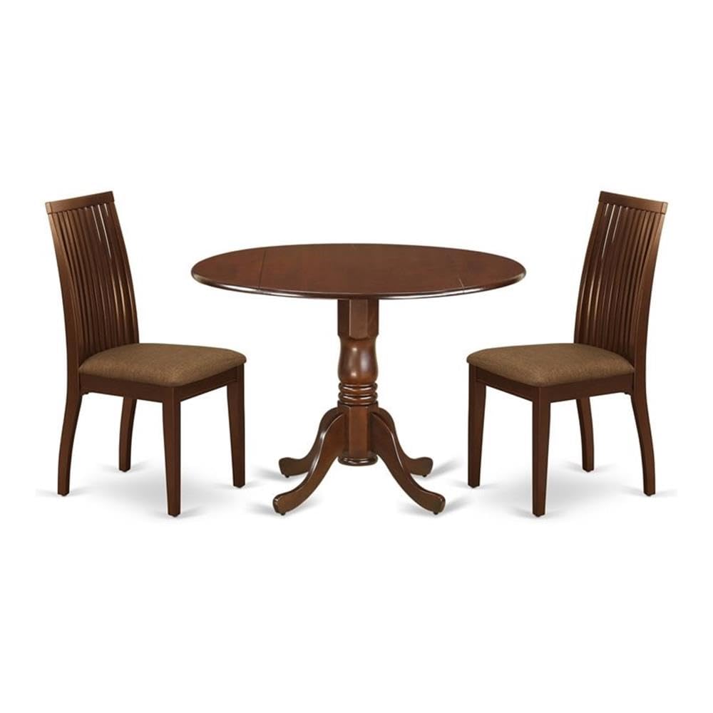 East West Furniture Dublin 3 Piece Modern Set Contains a Round Wooden Table with Dropleaf and 2 Linen Fabric Upholstered Dining Chairs, 42x42 Inch, Mahogany