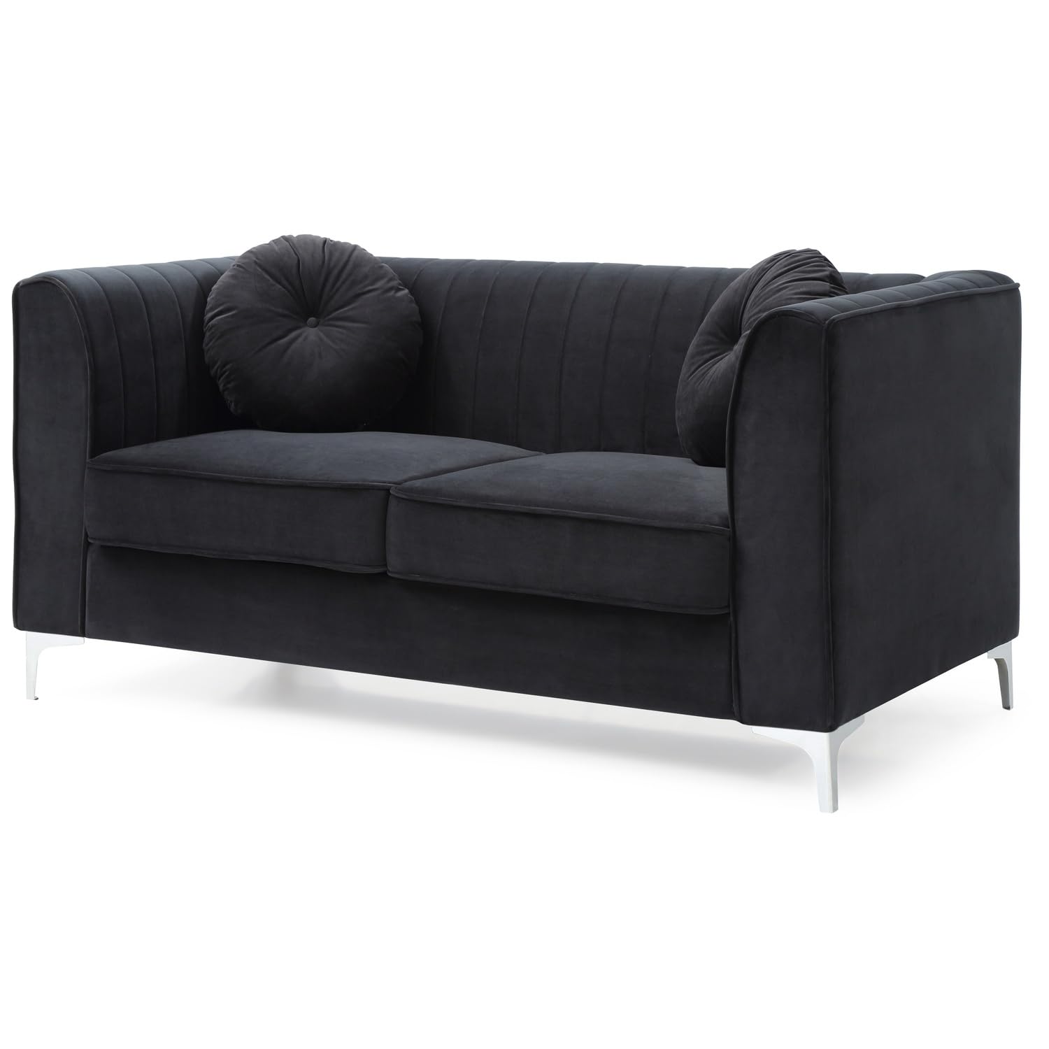 Delray 65 in. Black Tuxedo Arm Velvet Loveseat with 2-Throw Pillow