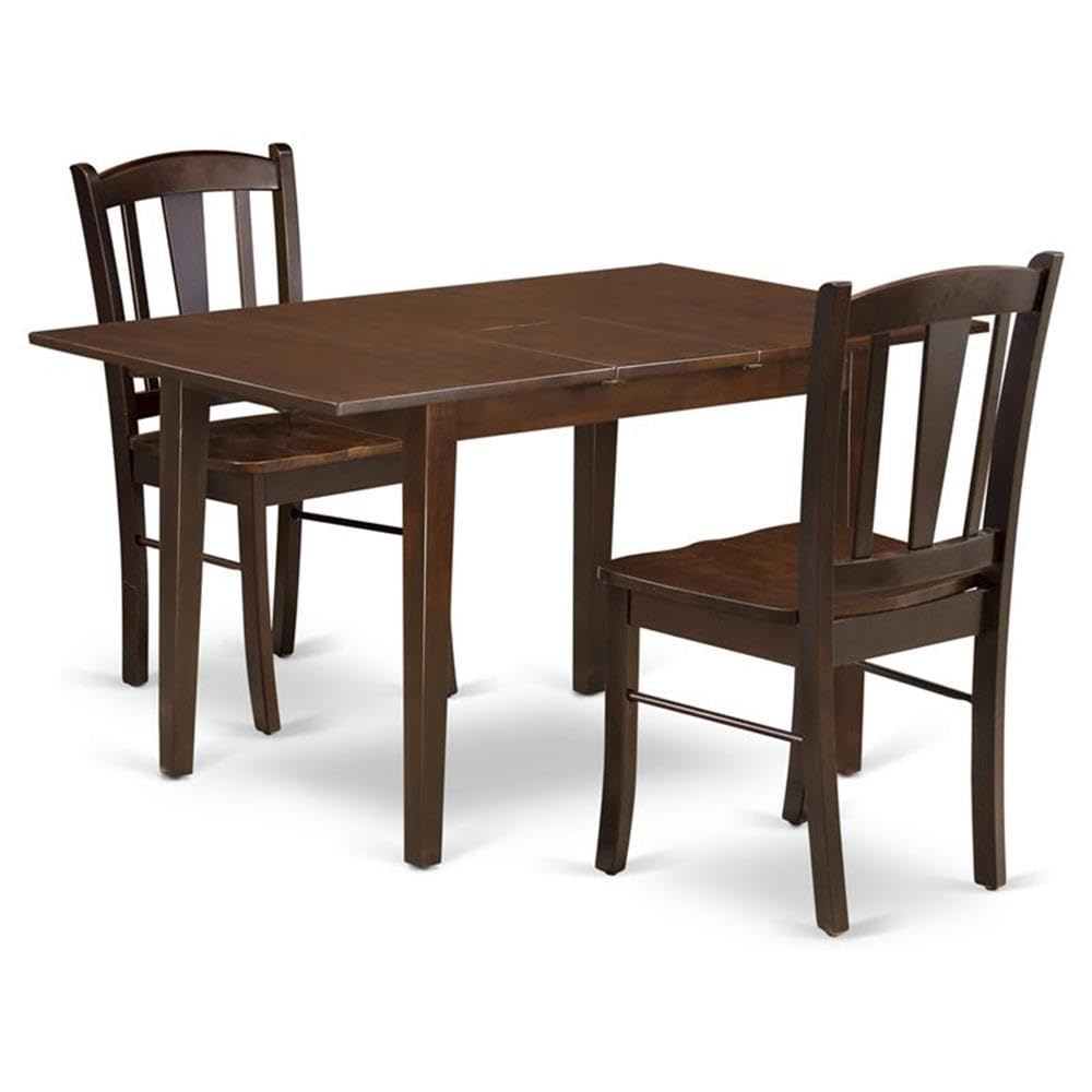 NFDL3-MAH-W - 3-Pc Dining Room Table Set- 2 Dining Chair with Wooden Seat and Slatted Chair Back - Butterfly Leaf Modern Kitchen Table - Mahogany Finish