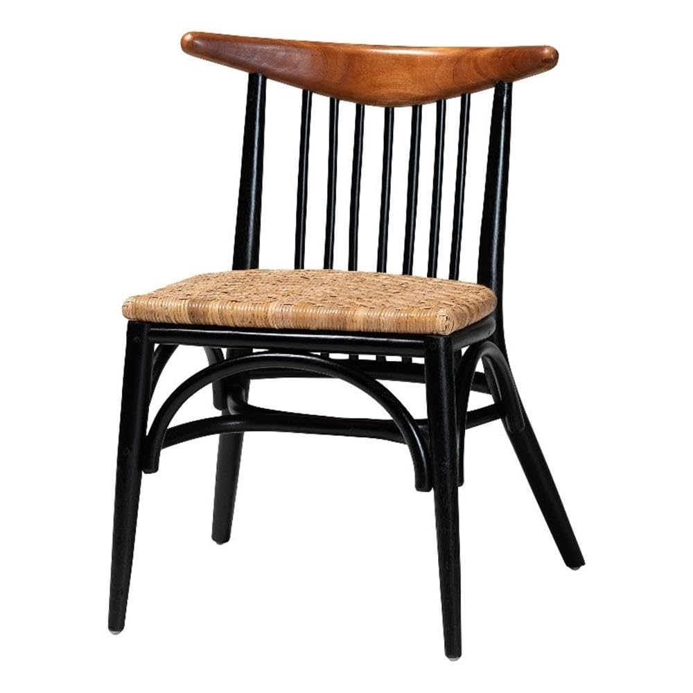 Baxton Studio Parthenia Mid-Century Modern Two-Tone Black And Walnut Brown Finished Mahogany Wood And Natural Rattan Dining Chair