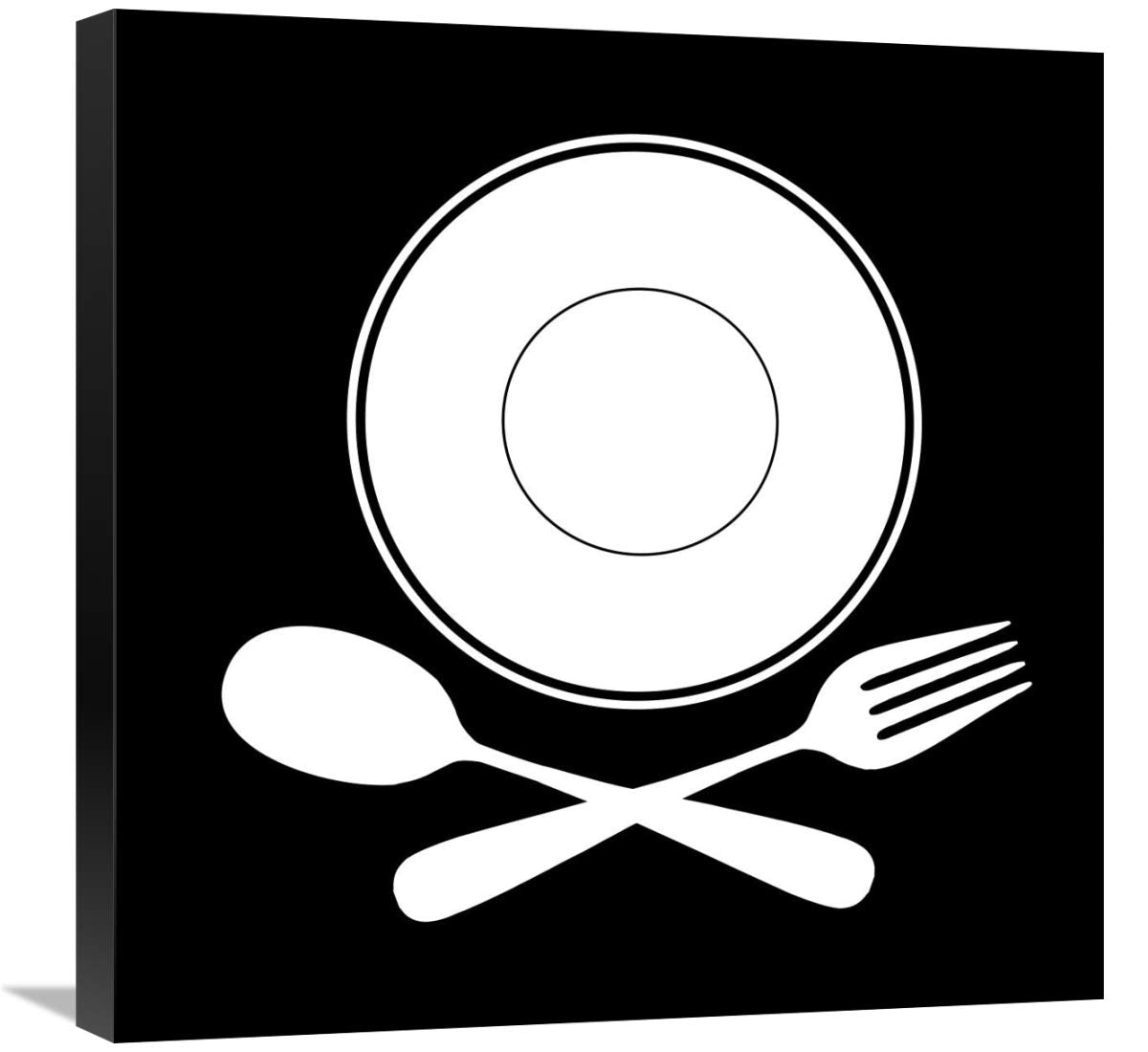 Mealtime: White on Black - Plate with Crossed Cutlery-Canvas Art-24x24”