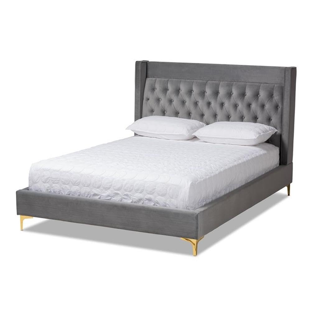 Baxton Studio Valery Modern And Contemporary Dark Gray Velvet Fabric Upholstered Queen Size Platform Bed With Gold-Finished Legs