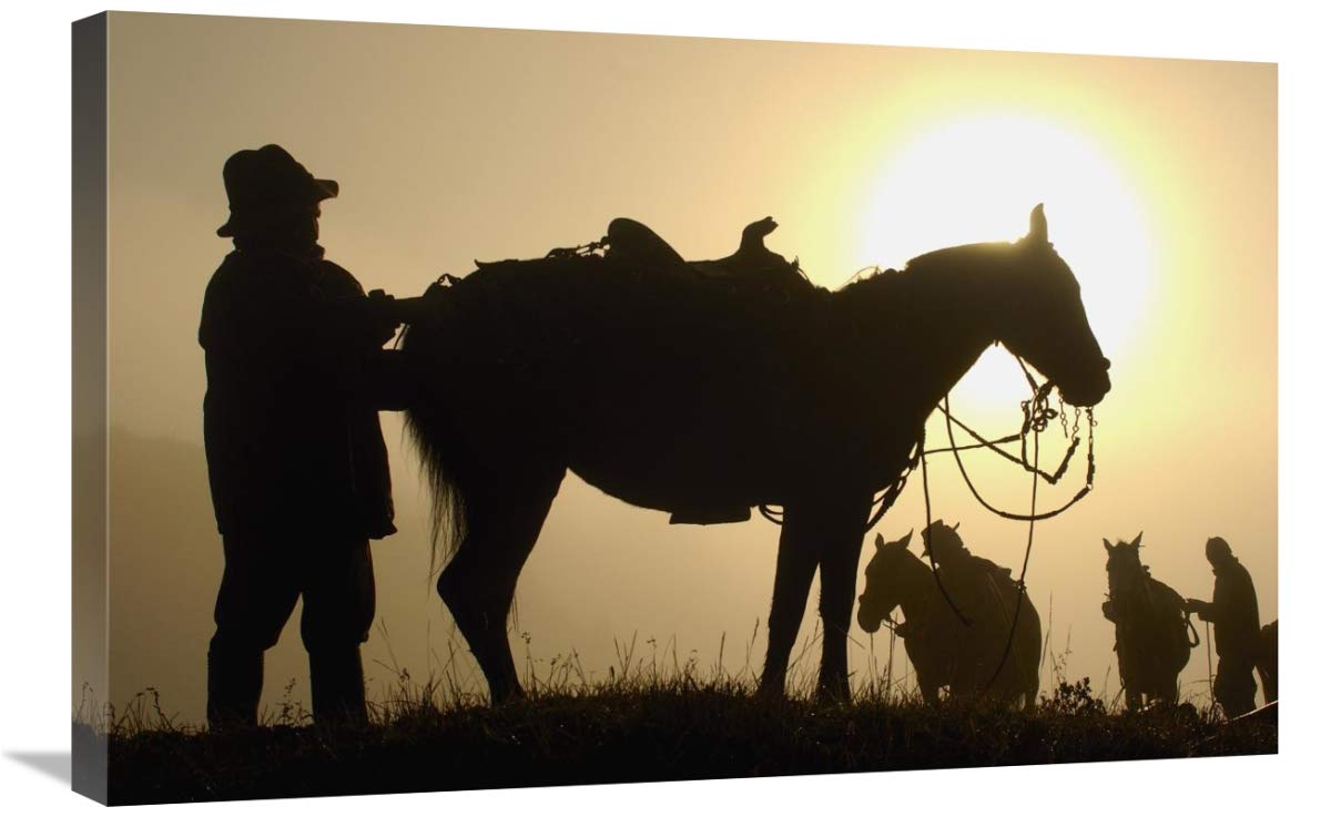 Chagras saddling up  during  the round-up, Andes Mountains, Ecuador-Canvas Art-30x20”