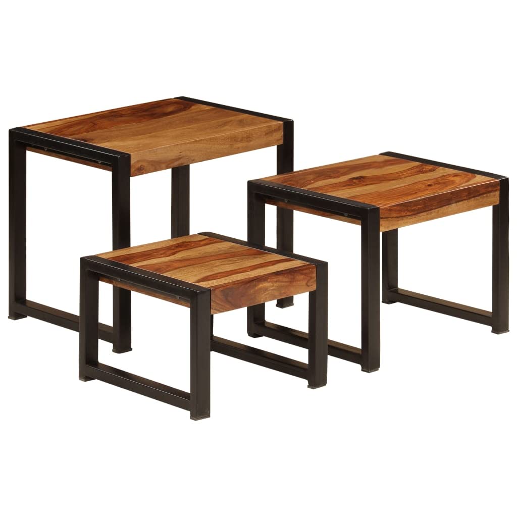 Vidaxl Set Of 3 Nesting Console Tables Solid Sheesham Wood With Steel Frame- Vintage-Style, Home Décor Furniture, Rectangular Shape, Spacious & Stackable
