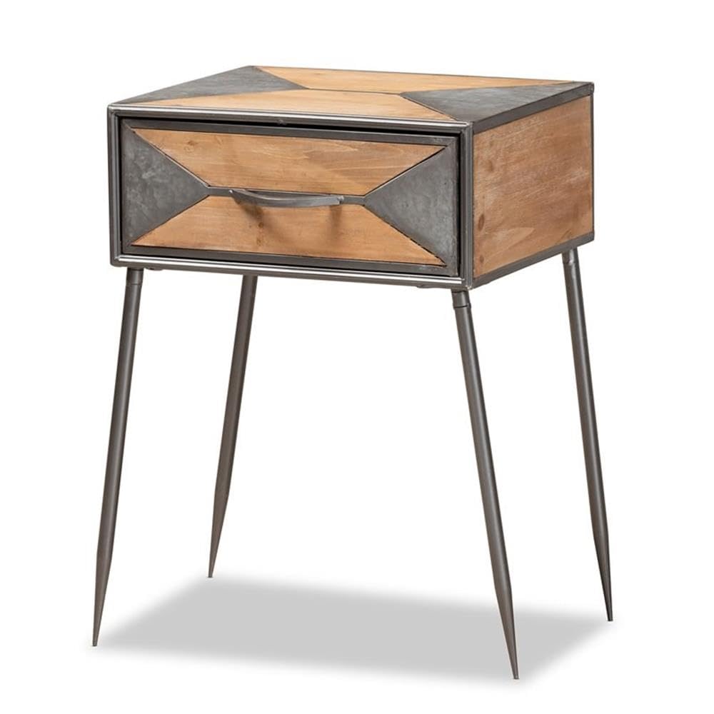 Baxton Studio Laurel Rustic Industrial Antique Grey Finished Metal And Whitewashed Oak Brown Finished Wood 1-Drawer Nightstand