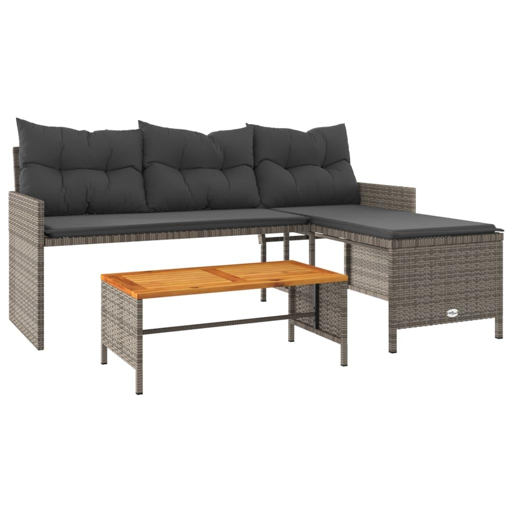 Vidaxl L-Shaped Patio Sofa With Cushions And Coffee Table - Gray Poly Rattan, Powder-Coated Steel Frame, Acacia Wood Tabletop, Removable Covers For Garden, Terrace