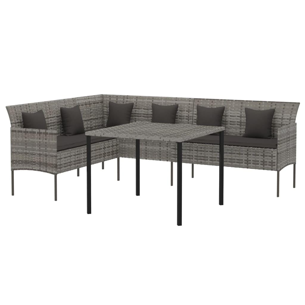 Vidaxl Poly Rattan Patio Dining Set - Gray With Cushions - Includes L-Shaped Sofa And Square Table For Garden, Deck Or Patio