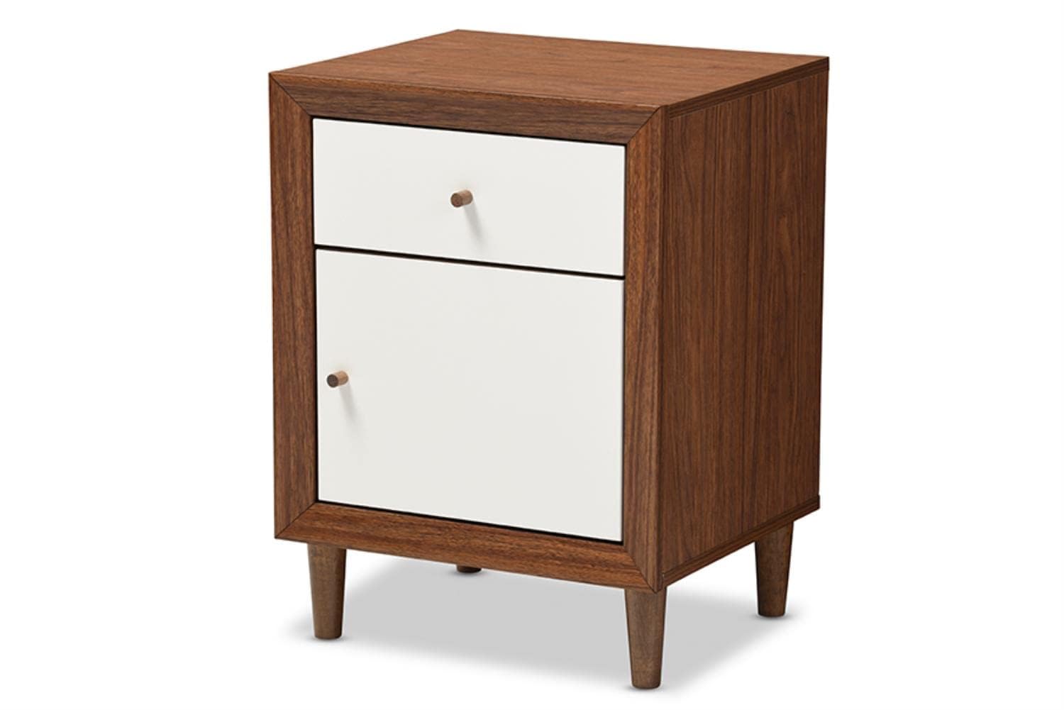 Baxton Studio Harlow Mid-century Modern Scandinavian Style White and Walnut Wood 1-drawer and 1-door Nightstand