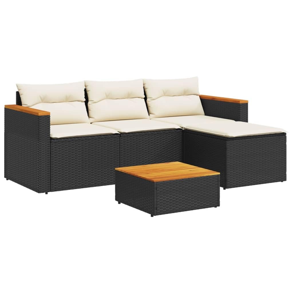 Vidaxl 3-Piece Black Poly Rattan Patio Sofa Set With Acacia Wood Table - Outdoor Lounge Furniture With Cushions - Modular Garden Seating For Backyard, Terrace, Deck