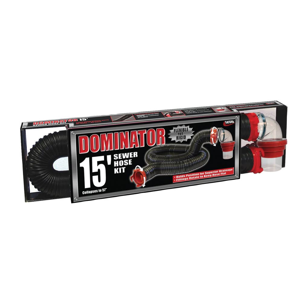 Valterra 15-Foot Dominator Rv Sewer Hose Kit, Universal Sewer Hose For Rv Camper, Includes 15-Foot Hose With Rotating Fittings, 