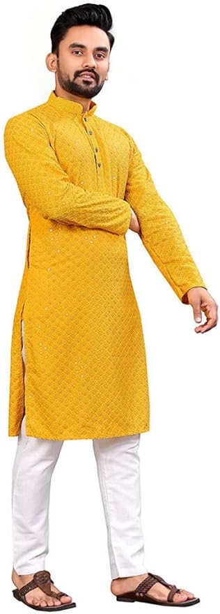 LookMark Present Men's Pure Rayon Chikankari Sequins Kurta||Men's Chikankari Yellow Coloured Kurta|| AZ-LM-OG-Kurta 11 Yellow-XXL