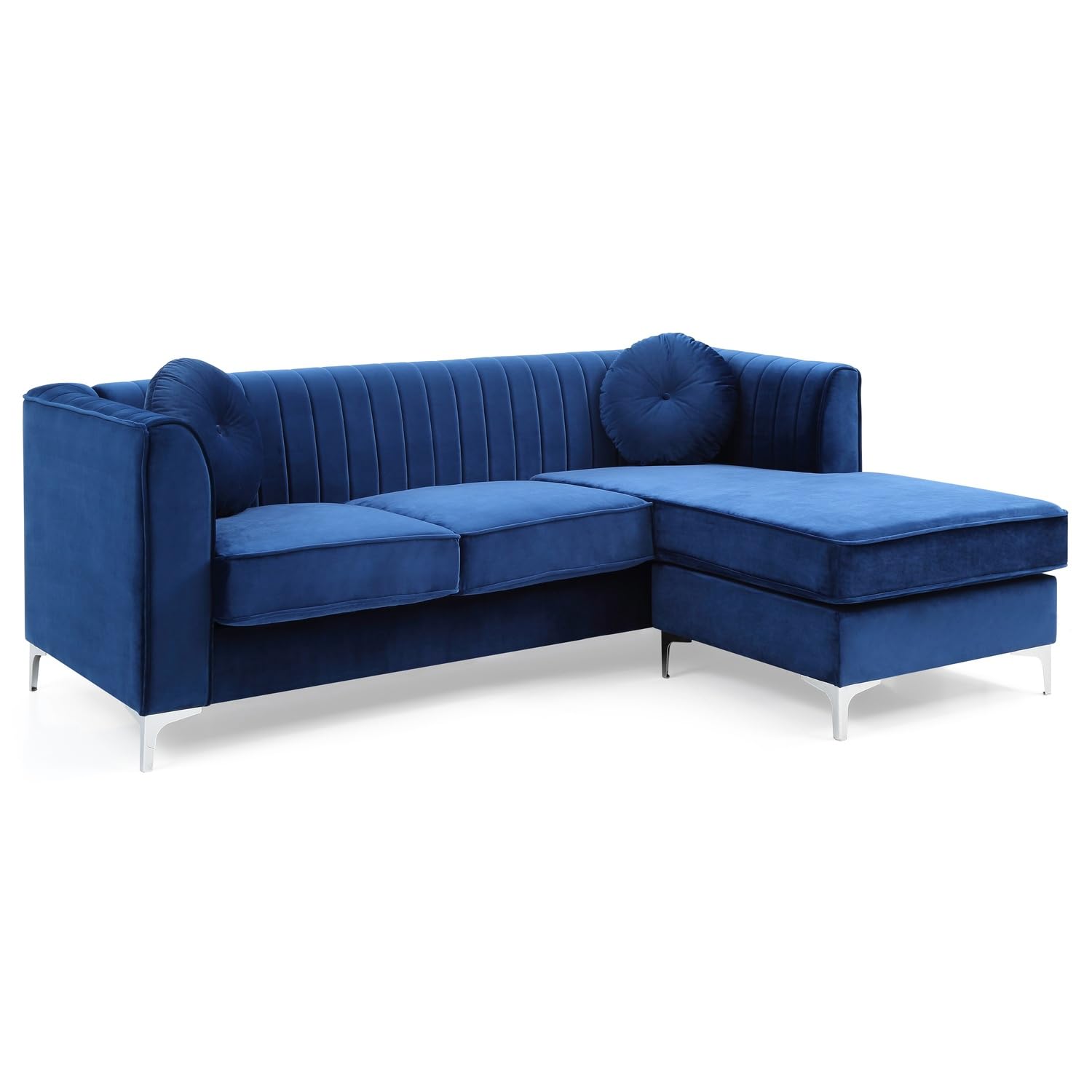 Delray 87 in. Navy Blue Velvet L-Shape 3-Seater Sectional Sofa with 2-Throw Pillow