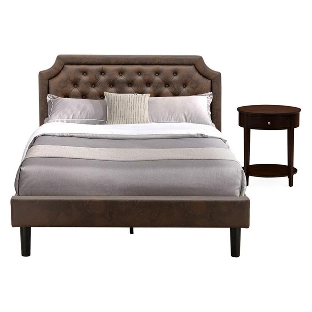 GB25Q-1HI0M 2-Piece Platform Bedroom Set with Button Tufted Bed and 1 Antique Mahogany Night Stand - Dark Brown Faux Leather with Black Texture and Black Legs